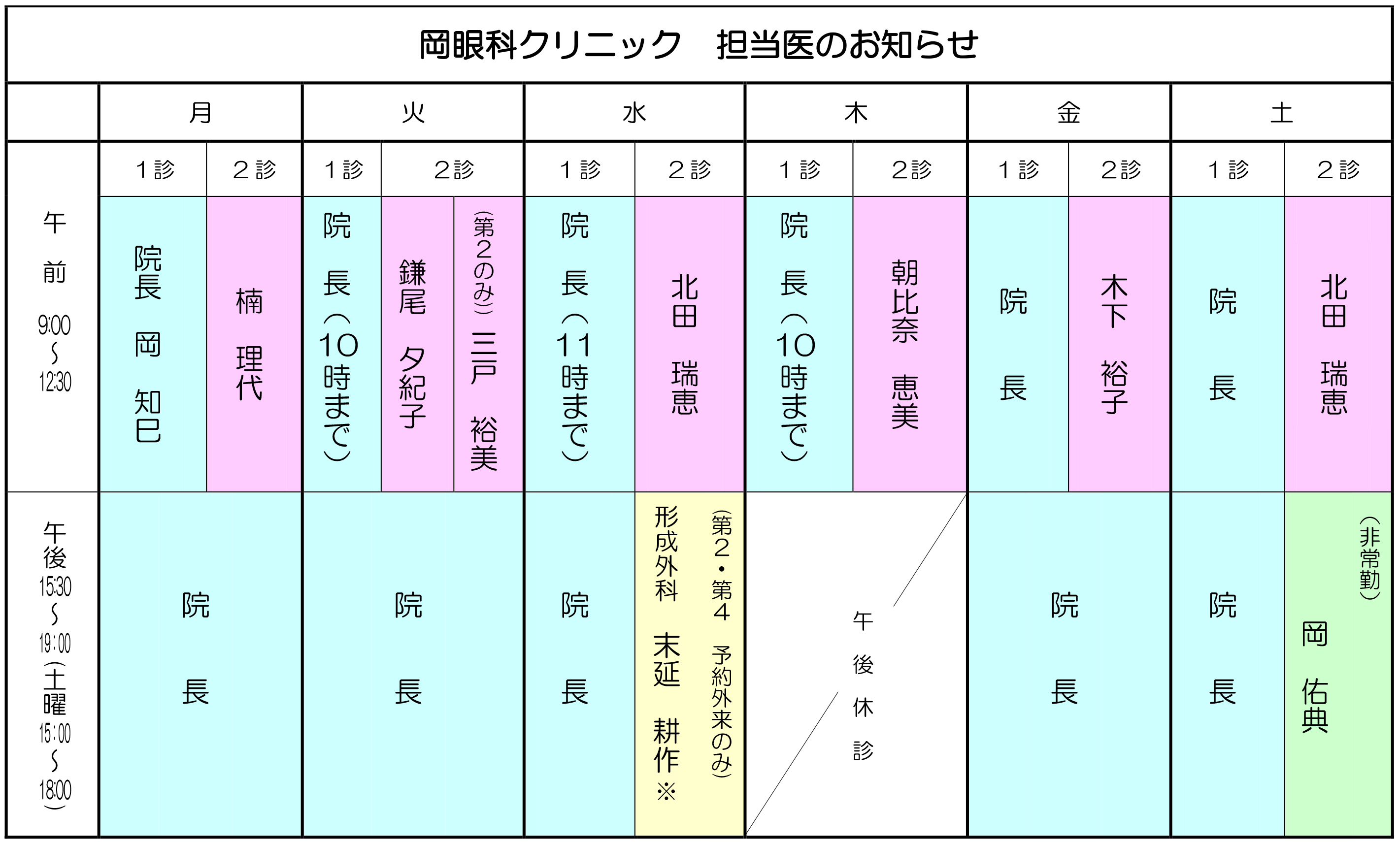 岡眼科クリニック 担当医のお知らせ