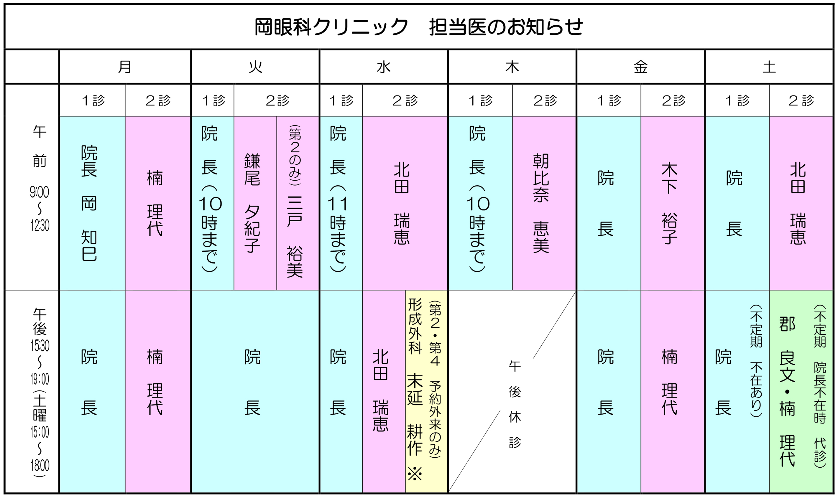 岡眼科クリニック 担当医のお知らせ