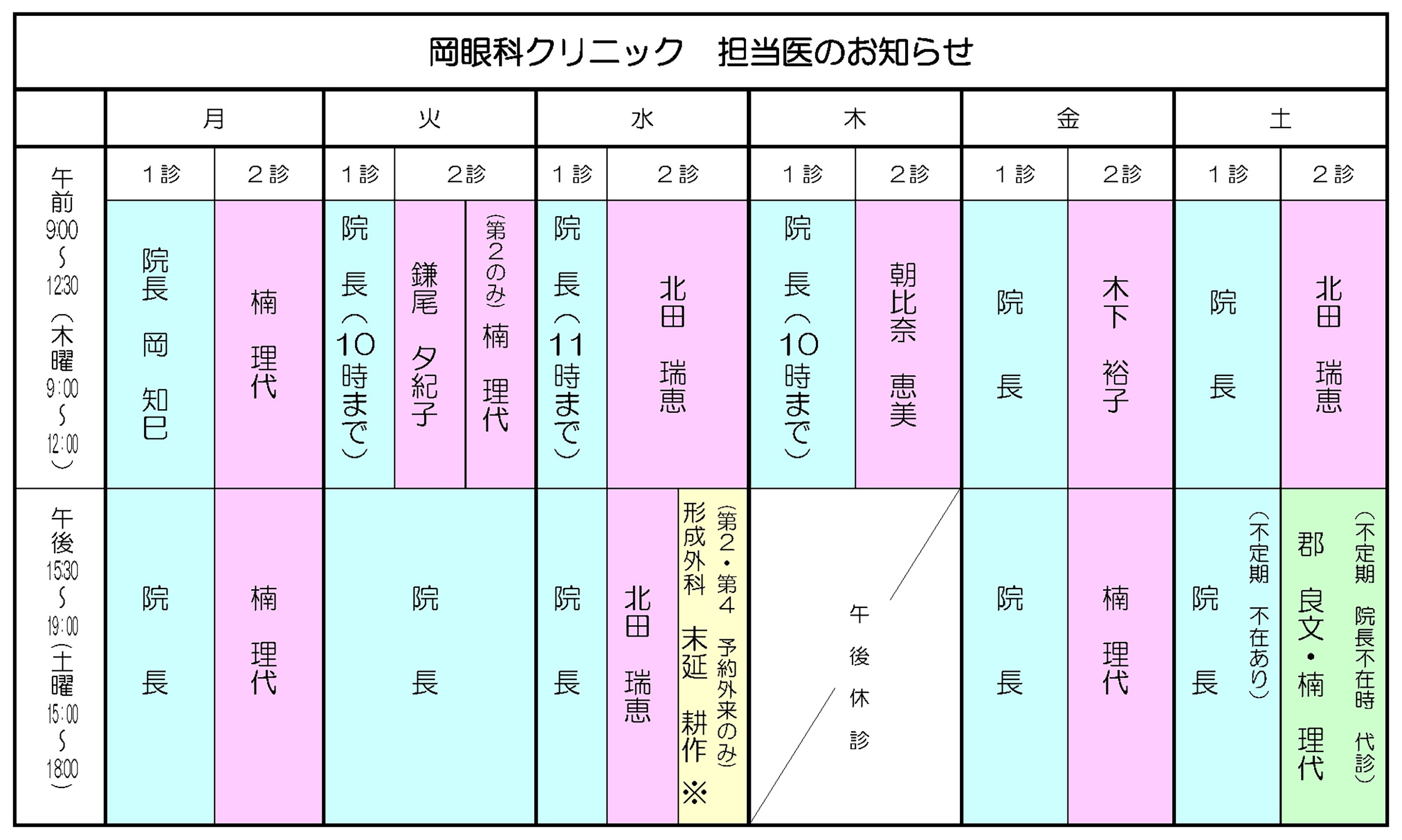 岡眼科クリニック 担当医のお知らせ