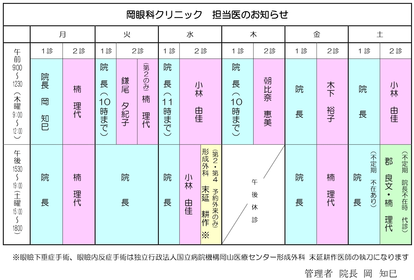 岡眼科クリニック 担当医のお知らせ